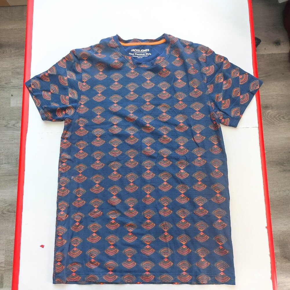 Jack & Jones T-shirt men's youth size L navy blue with orange pattern slim fit